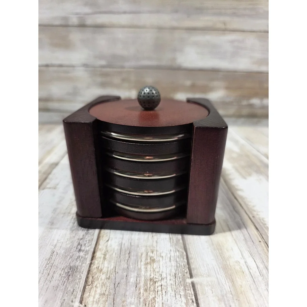 Wooden Golf Themed Coaster Set with Holder Mancave Decor‎